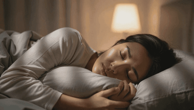 침대에서 베개를 안고 평화롭게 잠든 여성