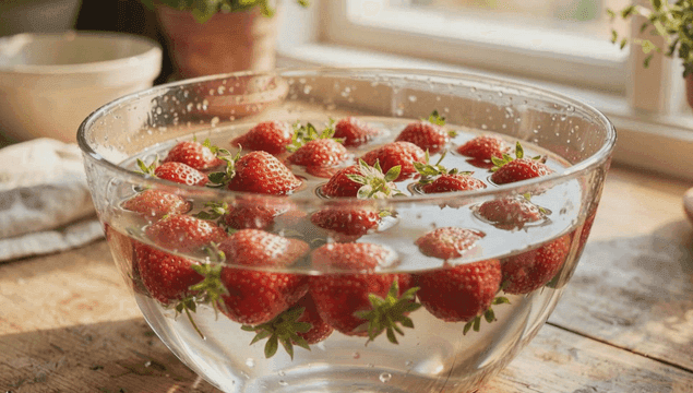 Strawberries soaking in a glass bowl