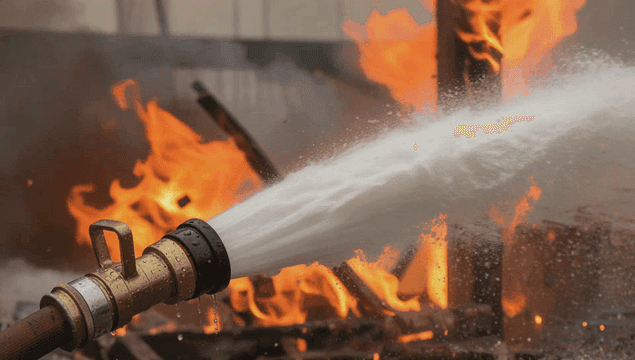 Fire hose spraying water on flames