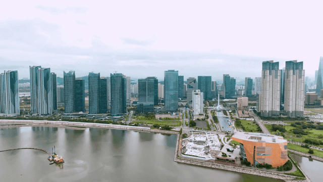 Modern city skyline with tall buildings