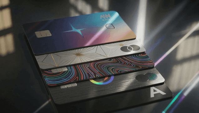 다양한 색상의 정렬된 신용카드 더미