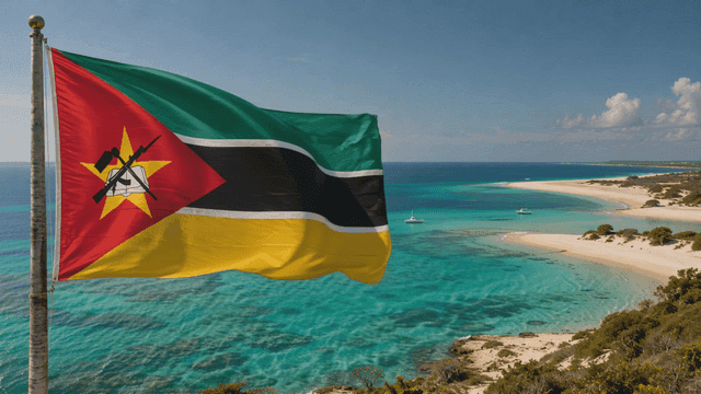 Mozambican flag fluttering beside clear beach