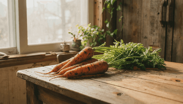 소박한 나무 테이블 위의 신선한 당근