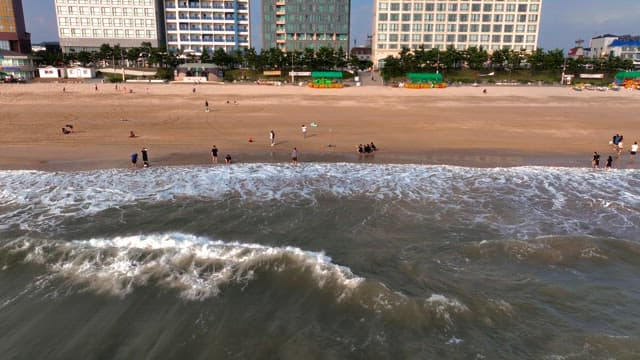 해변에서 화창한 하루를 즐기는 사람들