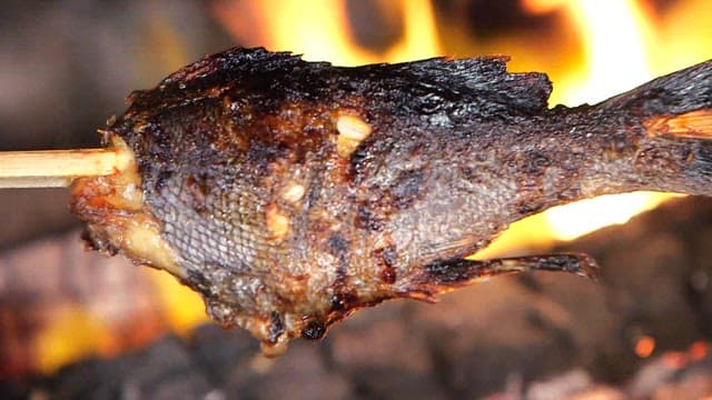 Fish grilled over a wood-fired bonfire