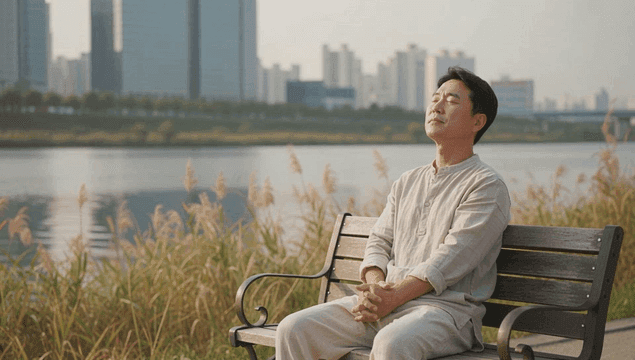 강가 공원 벤치에서 휴식하는 남자