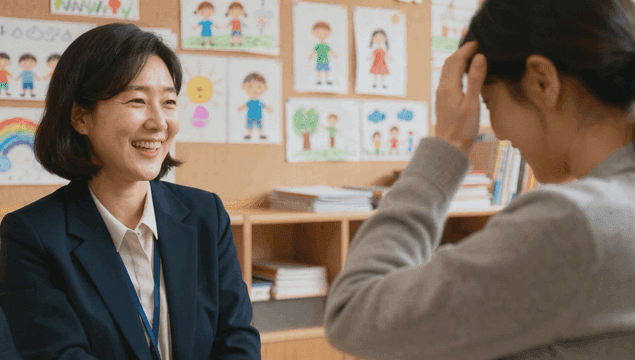 초등학교 선생님과 악수하는 학부모 엄마