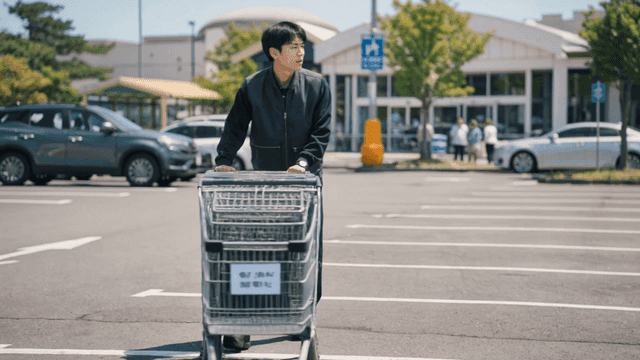 Man pushing shopping cart in parking lot