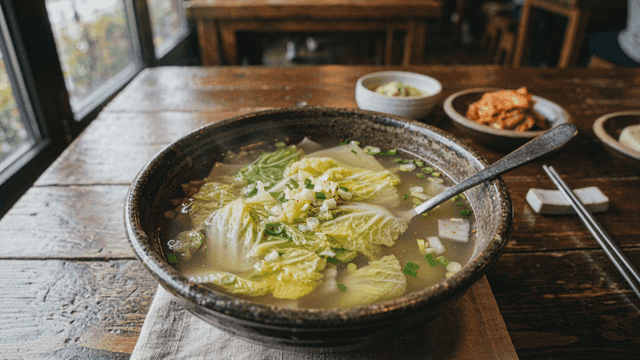 Steaming cabbage soup on table