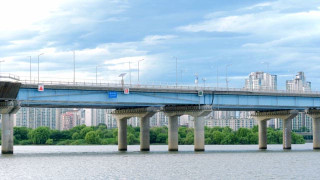 Riverside view with cityscape and bridge