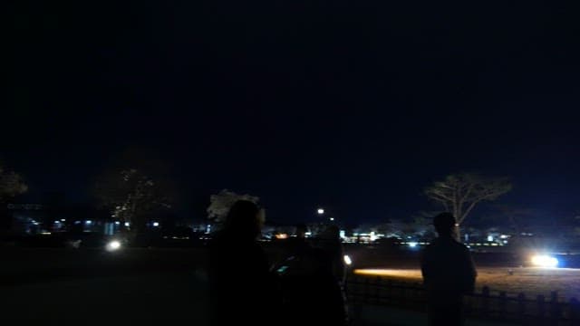 밤에 불빛이 비춰진 첨성대를 보고있는 사람들