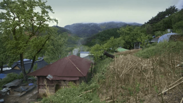 푸른 산으로 둘러싸인 시골집