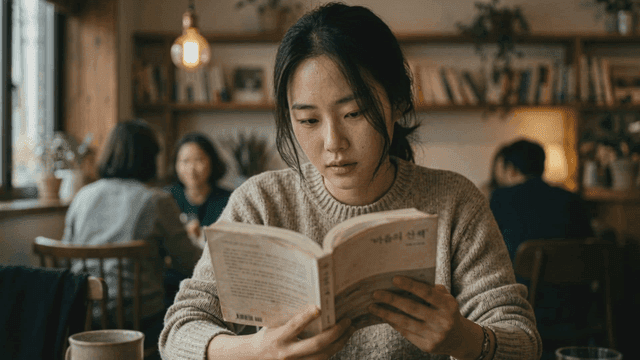 Woman reading book in cozy cafe.