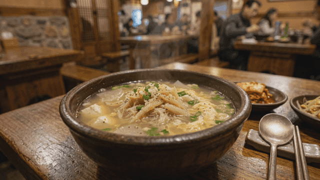 Steaming hot dried pollack soup at cozy restaurant