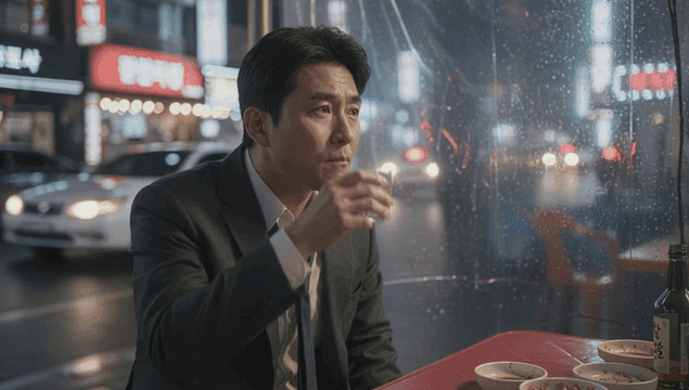 Office worker in a suit drinking soju alone at a street stall