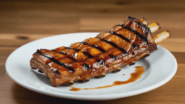 Grilled barbecue pork ribs with sauce on white plate