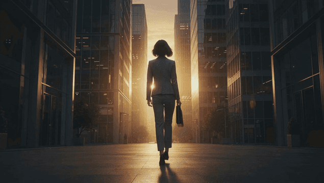 Back view of a working woman walking through the city