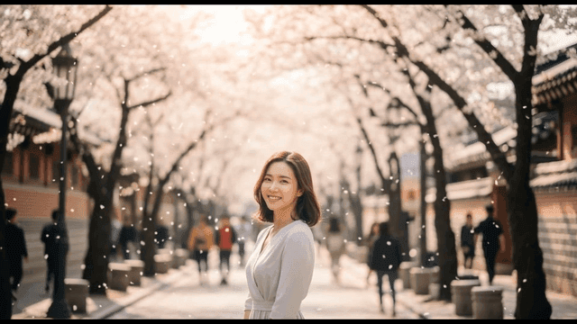 Woman smiling at cherry blossoms on sunny street.