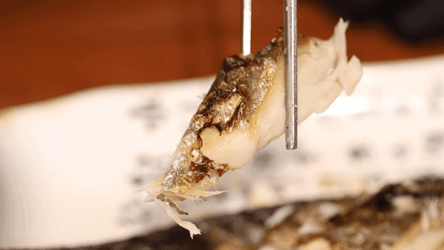 Grilled Spanish mackerel picked up with chopsticks