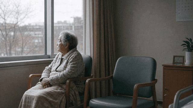 Old man looking out window of dark room