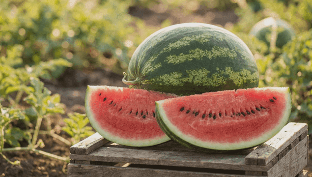 Watermelon slices on a wooden crate in a field