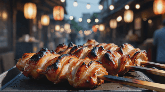 Steaming hot grilled chicken skewers on Japanese street