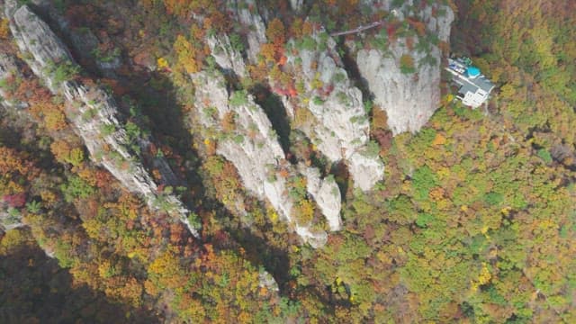 Colorful autumn forest and rocky cliffs