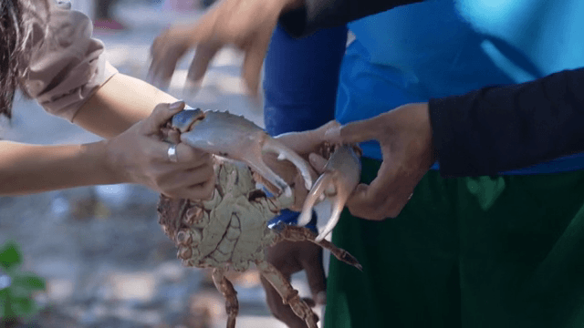 사람들이 야외에서 큰 게를 들고 있음