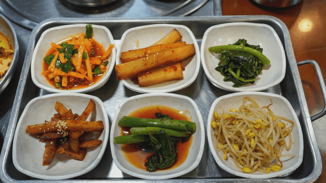 Various Korean side dishes served on tray