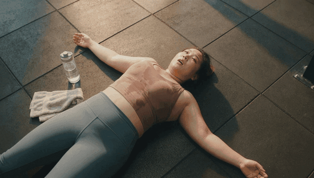 Woman resting on gym floor after workout