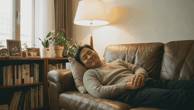 Man lying on sofa smiling in cozy room