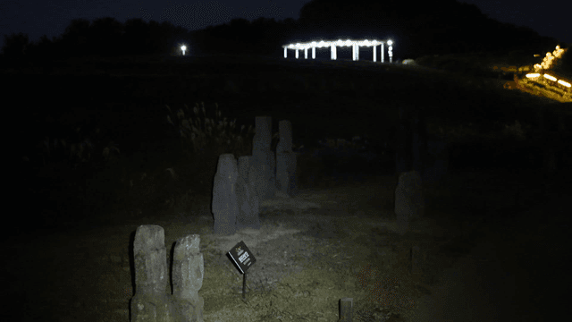 조명이 켜진 길과 석상