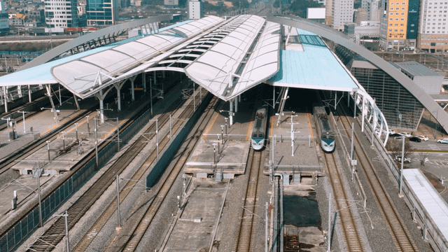 Modern train station with high-speed trains