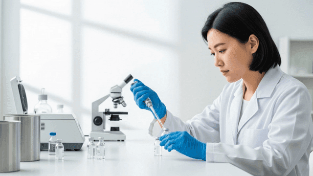 실험실에서 피펫과 현미경으로 연구하는 과학자