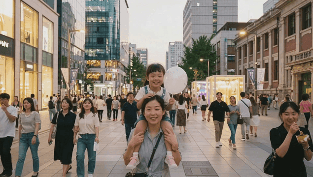 Mother carrying her daughter on her shoulders on lively city street