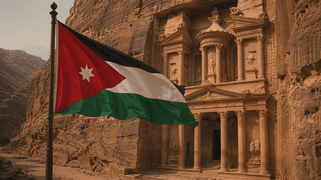 Ancient rock carvings with Jordanian flag
