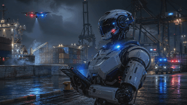 A robot monitoring a port at night