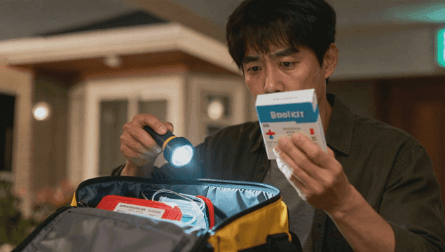 손조명으로 구급상자를 살펴보는 남자