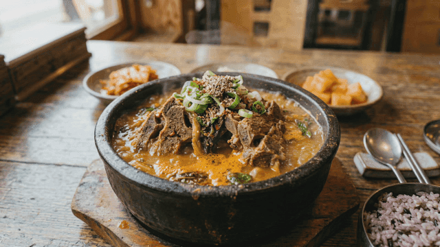 Steaming hot bone broth soup