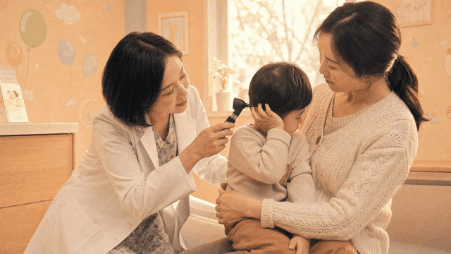 Doctor examining ears of child who refuses to go to hospital.