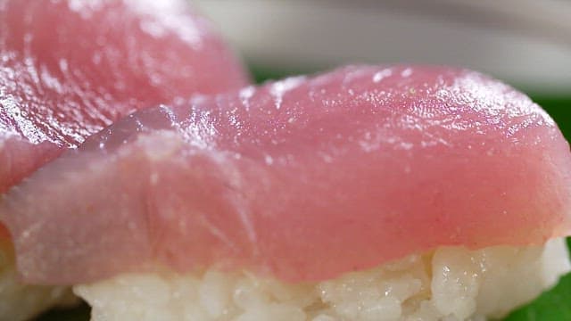 녹색 잎 위에 놓인 신선한 참치초밥