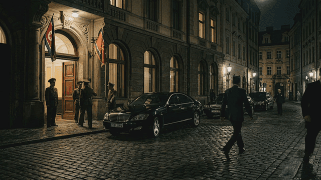 Night street with cars and North Korean soldiers