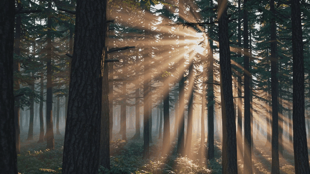 Sunlight streaming through a dense forest