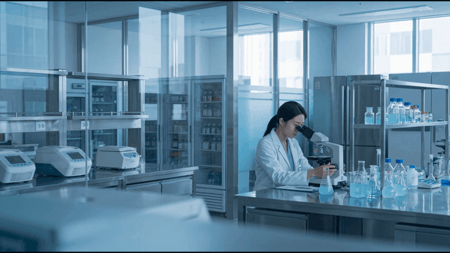 Scientist examining something with microscope in laboratory