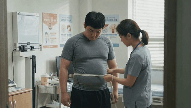 Nurse measuring overweight man's waist in examination room.
