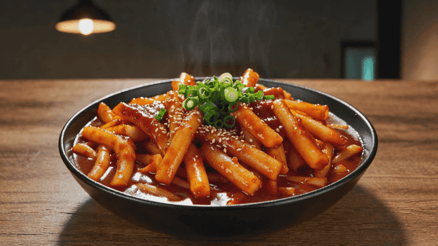 Steaming hot tteokbokki in a bowl