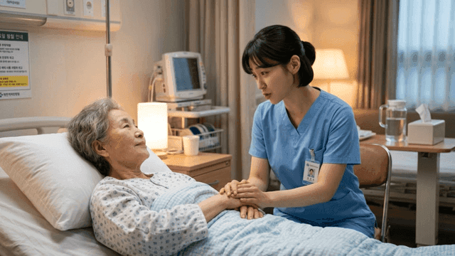 Nurse reassuring elderly female patient lying in hospital bed