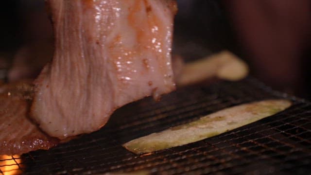 바비큐 그릴에서 육즙이 많은 고기와 야채를 굽는 모습