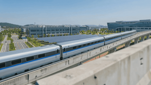 High-speed train passing through a modern city