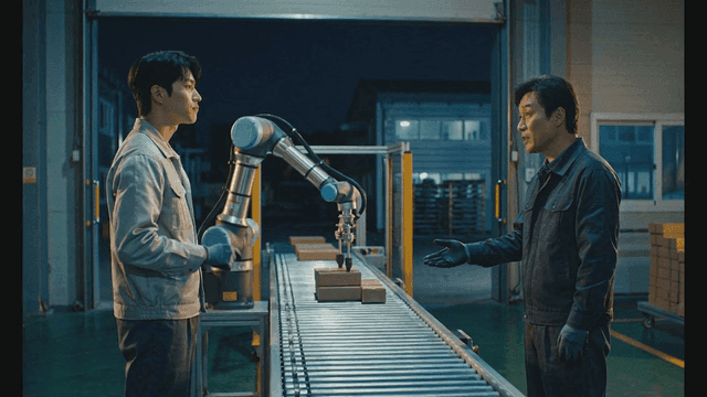 Two workers operating a robotic arm in a factory